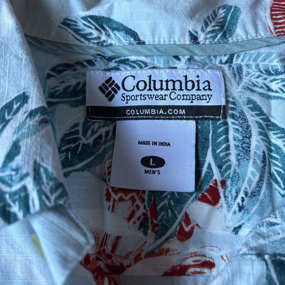 Men’s Columbia Button Down T Shirt Fish and Plant Print Blue Red Orange Size L - Picture 2 of 8